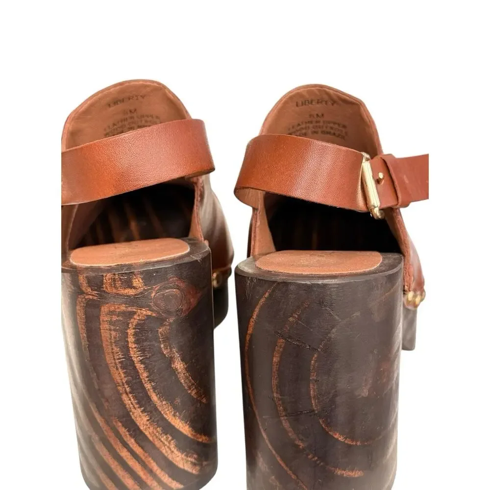 Matisse Brown Leather Platform Clogs LIBERTY Gold Studded Wood Heel Mule Size 8M - Picture 11 of 13